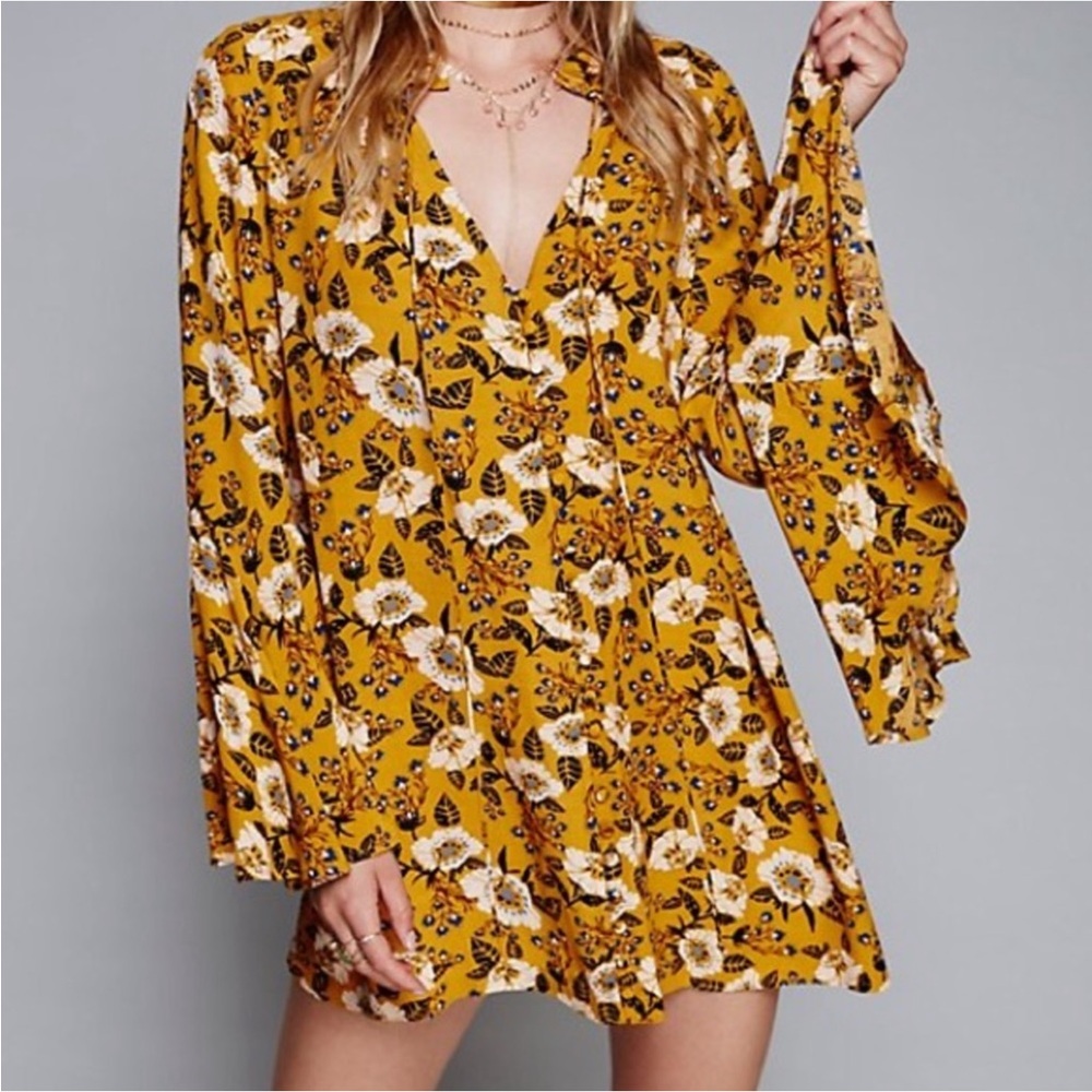 Free People RARE COLOR Magic Mystery Printed Tunic Mini Dress in Gold Floral S